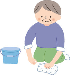 雑巾掛けをする中年女性