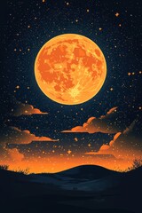 Fototapeta premium Silhouette landscape with a vibrant moonrise and starry night sky