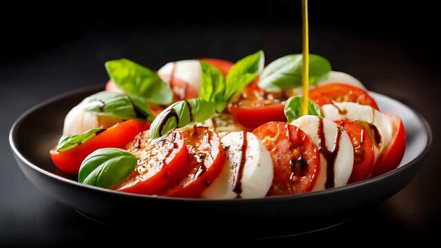 Fresh Caprese Salad with Vibrant Tomatoes, Mozzarella, Basil, and Balsamic Glaze Pouring.