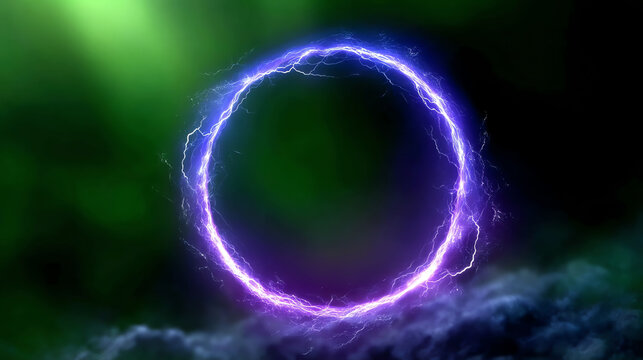 A glowing purple electric ring crackles with energy against a dark green and black blurred background, evoking a futuristic and powerful aura