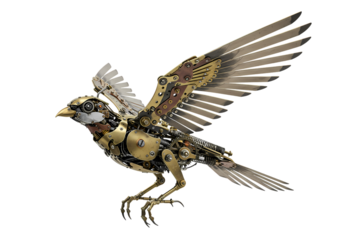 Steampunk bird with intricate metal gears in flight