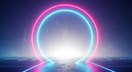 Glowing neon circle portal with futuristic floor and bright light in background