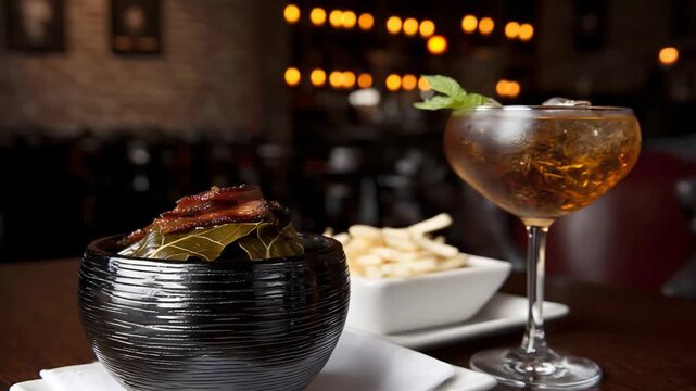 Delicious Glazed Pork Belly with Collard Greens and a Refreshing Cocktail in a Restaurant Setting.