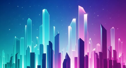Futuristic cityscape with glowing crystalline skyscrapers in neon blue and pink hues