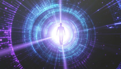 Step into the future with this dynamic abstract rendering of a human figure emerging from a radiant, digital portal for innovative tech concepts