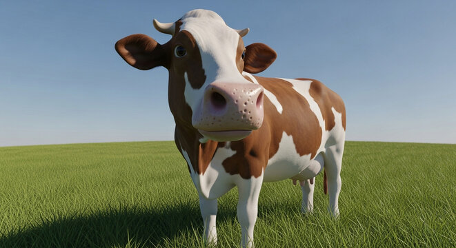 Charming brown and white cow grazes peacefully in a vibrant green pasture under a clear blue sky - Powered by Adobe