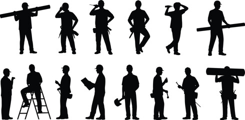 Male construction worker silhouettes carrying tools and materials, wearing hard hats, standing, working, planning, teamwork, builder, contractor, labor, safety gear, industry