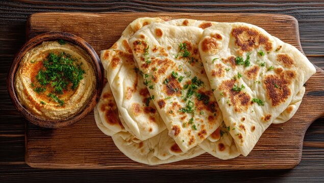 Delicious Flatbreads with Hummus on Wooden Board.
