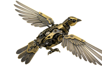 Steampunk mechanical bird in flight intricate metal detail
