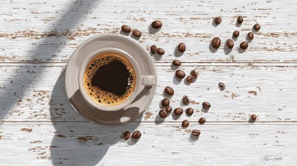 Overhead View Of Coffee Cup And Beans On A Rustic White Wooden Table With Harsh Lighting And Shadows