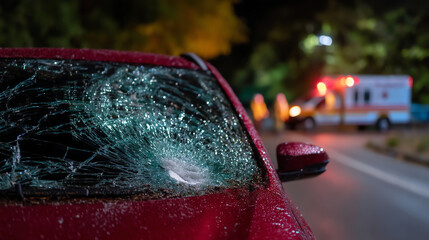 Close-up of a red car with a shattered windshield at night, an ambulance with flashing lights is visible in the blurred background on a dimly lit road