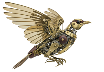 Intricate brass mechanical bird takes flight with gears
