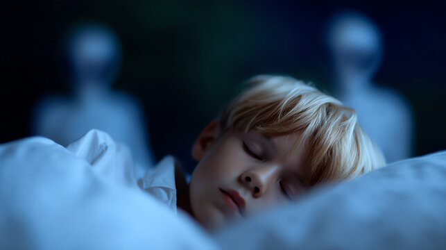 A young child sleeps peacefully in bed with two blurry ghostly figures looming in the background, creating a mysterious and eerie nighttime scene - Powered by Adobe