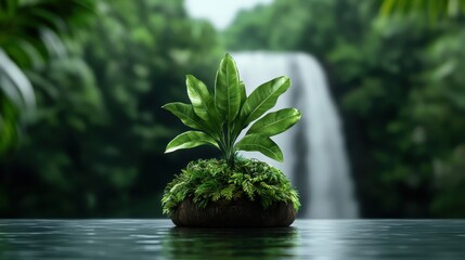 Wellness happiness holistic concept. A lush plant on a mossy island with a waterfall in the background creates a serene nature scene.