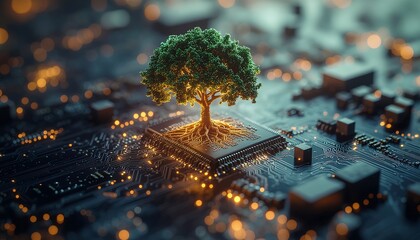 Stunning conceptual tech art showing nature and technology intertwined, envisioning future growth, digital transformation, and sustainable innovation for tomorrow