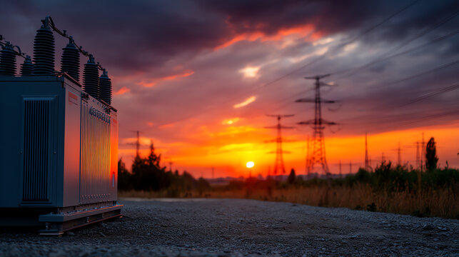 Sunset over an electrical substation with power transformers and transmission towers silhouetted against a vibrant orange and purple sky