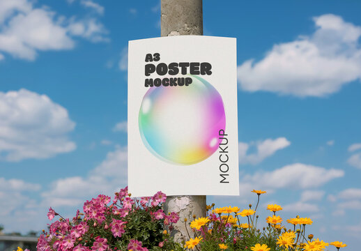 A3 Poster Mockup on Street Pole with Flowers and Blue Sky
