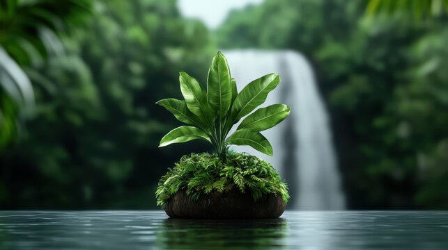 Wellness happiness holistic concept. A lush plant on a mossy island with a waterfall in the background creates a serene nature scene.