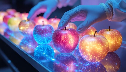 Gloved hand examines glowing apples in futuristic lab for innovative science research or food technology advancements, a vibrant and modern design concept