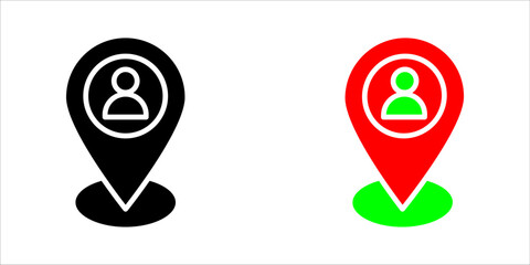 Solid black vector icon illustration of a typical map pin (location marker) with a user or person silhouette contained within a circular profile area inside the pin. This represents user position on a