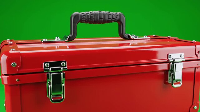 Close-up of a red metal toolbox against a green background, with black handle and silver clasps