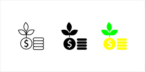 Financial_Growth_Investment_Money_Plant_Icon Vector icon illustration showing two styles (outline and solid fill) of a dollar coin stacked with other coins, with a growing plant or sprout emerging fro