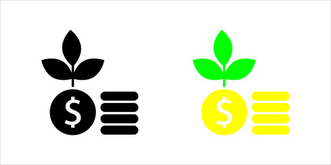 Financial_Growth_Investment_Money_Plant_Icon Vector icon illustration showing two styles (outline and solid fill) of a dollar coin stacked with other coins, with a growing plant or sprout emerging fro