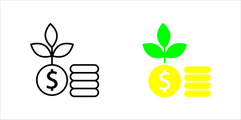 Financial_Growth_Investment_Money_Plant_Icon Vector icon illustration showing two styles (outline and solid fill) of a dollar coin stacked with other coins, with a growing plant or sprout emerging fro
