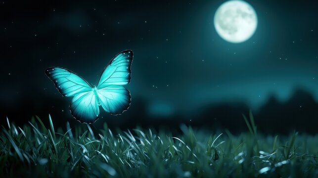 Fantasy Enchanted glowing butterfly flying over a moonlit fantasy landscape.