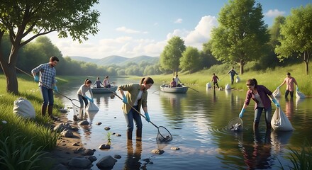 Community Volunteers Cleaning Up Riverbed on Sunny Day.