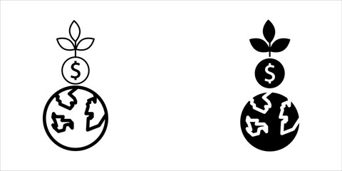Vector icon illustration showing three styles (outline, solid, and color) of a stack: the Earth/globe at the bottom, a dollar/money coin in the middle, and a growing plant/leaf on top. This symbolizes
