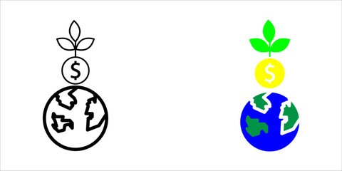 Vector icon illustration showing three styles (outline, solid, and color) of a stack: the Earth/globe at the bottom, a dollar/money coin in the middle, and a growing plant/leaf on top. This symbolizes