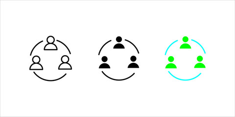 Vector icon illustration showing three user silhouettes arranged in a circle with an arrow/line surrounding them, presented in two styles (outline and solid). This represents teamwork, collaboration, 
