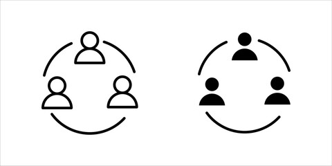 Vector icon illustration showing three user silhouettes arranged in a circle with an arrow/line surrounding them, presented in two styles (outline and solid). This represents teamwork, collaboration, 
