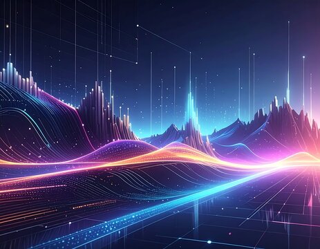Futuristic digital landscape with lines and glowing data visualization
