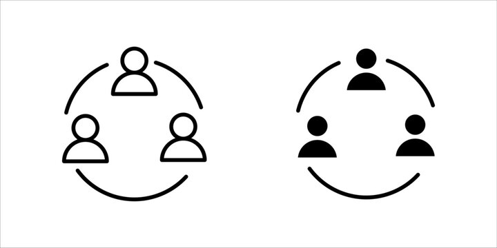 Vector icon illustration showing three user silhouettes arranged in a circle with an arrow/line surrounding them, presented in two styles (outline and solid). This represents teamwork, collaboration, 