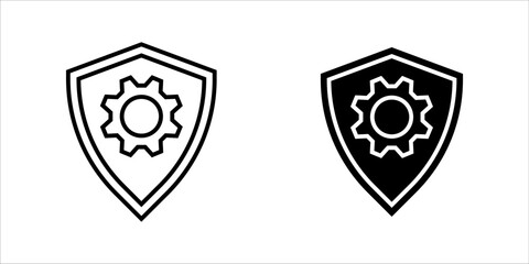 Security_Settings_Shield_Gear_Icon Vector icon illustration showing two styles (outline and solid fill) This symbolizes Artificial Intelligence processing, advanced technology chip, machine learning d