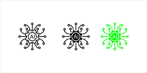 Vector icon illustration showing two styles (outline and solid fill) of a gear (cogwheel) with the letters "AI" inside, surrounded by a circular process or circuit connection. This represents Artifici