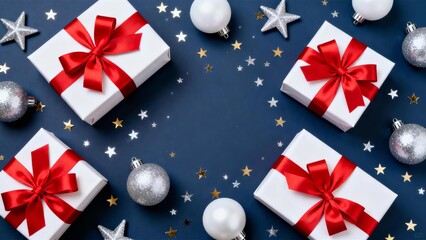 Obraz premium Festive Holiday Gifts: White Boxes with Red Ribbons, Silver Ornaments, and Star Confetti on Dark Blue Background - Christmas Gift Ideas