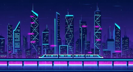 Futuristic cityscape with a highspeed train at night, neon lights, cyberpunk style