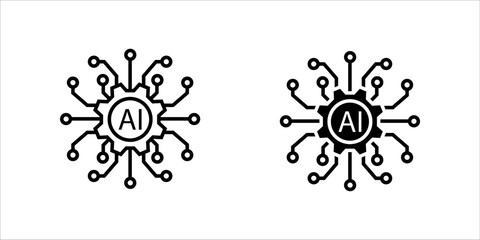 Vector icon illustration showing two styles (outline and solid fill) of a gear (cogwheel) with the letters "AI" inside, surrounded by a circular process or circuit connection. This represents Artifici