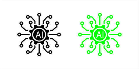 Vector icon illustration showing two styles (outline and solid fill) of a gear (cogwheel) with the letters "AI" inside, surrounded by a circular process or circuit connection. This represents Artifici