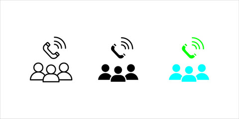 Group_Call_Conference_Outline_Solid_Icon Vector icon illustration showing two styles (outline and solid fill) of a group of three people (users) underneath a ringing telephone handset symbol. This sig