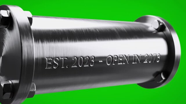 3D render of a brushed metal pipe section with visible bolts and a green background