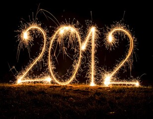 Glowing sparklers write "2012" on a dark background