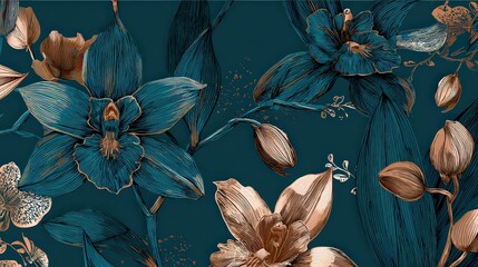 Intricate Floral Pattern Featuring Teal Blossoms and Copper Foliage on Dark Background With Detailed Texture and Ornamental Botanical Elements