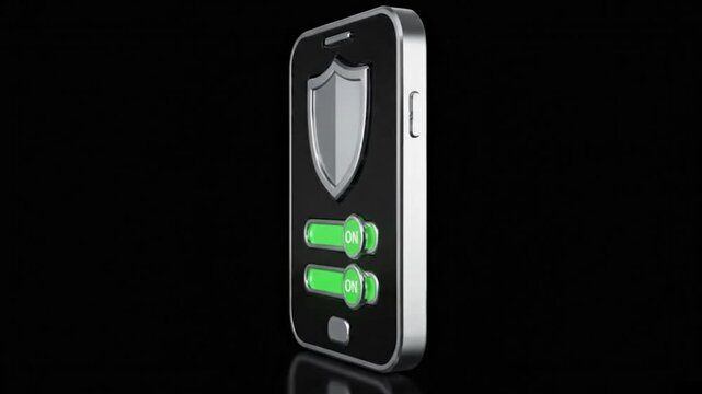 Smartphone With Shield And Battery Security Animation On Black Background