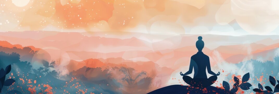 Serene meditation at sunrise on world meditation day. Horizontal banner. Copy space. International Day of Yoga. Watercolor illustration