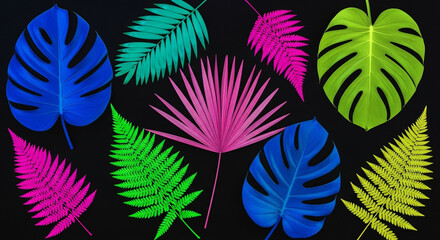 Vibrant tropical foliage in electric neon hues, a modern jungle aesthetic for bold design projects