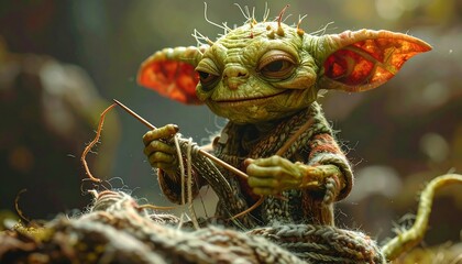 Green-skinned creature knits, wearing cozy patterned sweater, in nature